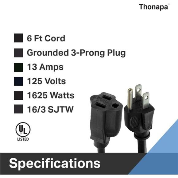 13 Amp Outdoor Extension Cord 6 ft,2 Pack, 16/3 SJTW 6 Foot Black Extension Cord - Picture 3 of 7